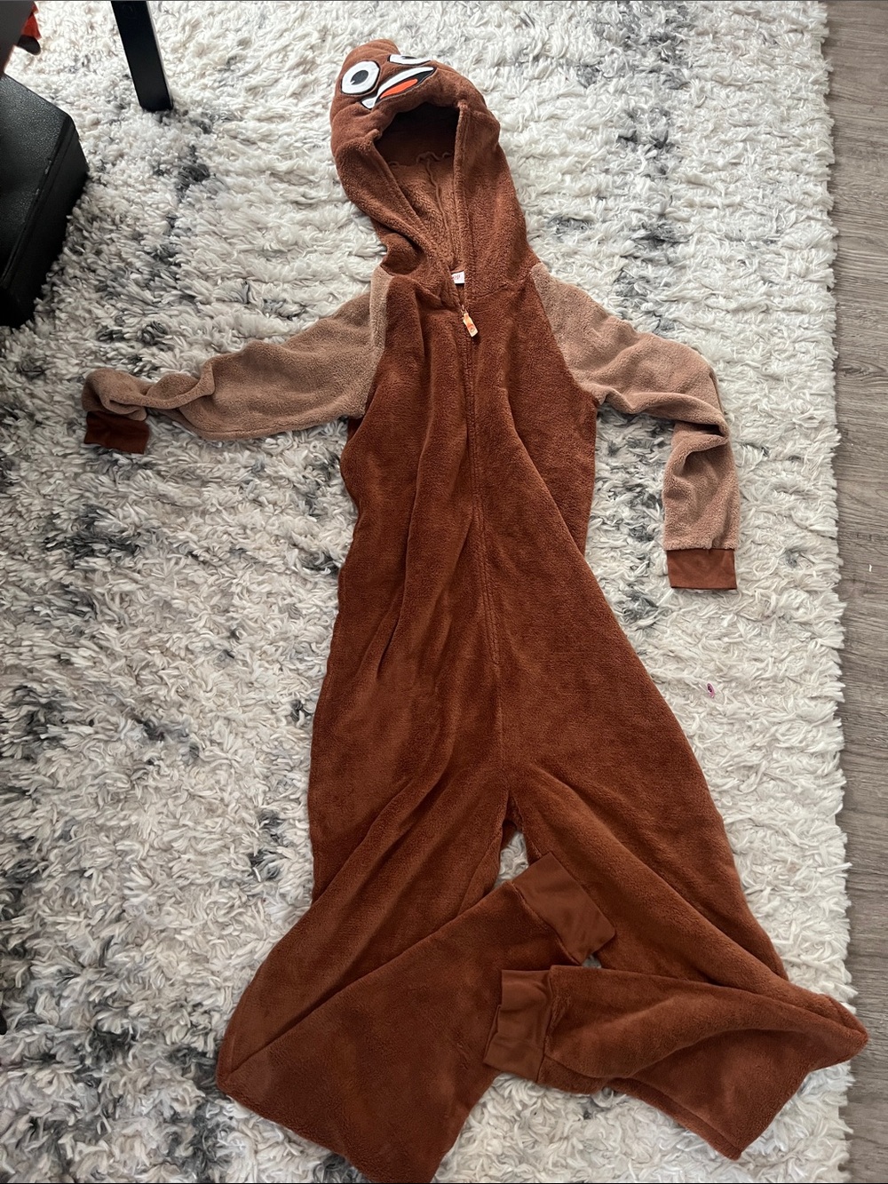Cozy Brown Plush Women's Footie Onesie with Hood poop emoji